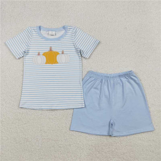 RTS BSSO1548 Baby Boys Blue Stripes Pumpkins Top Shorts Fall Clothes Set