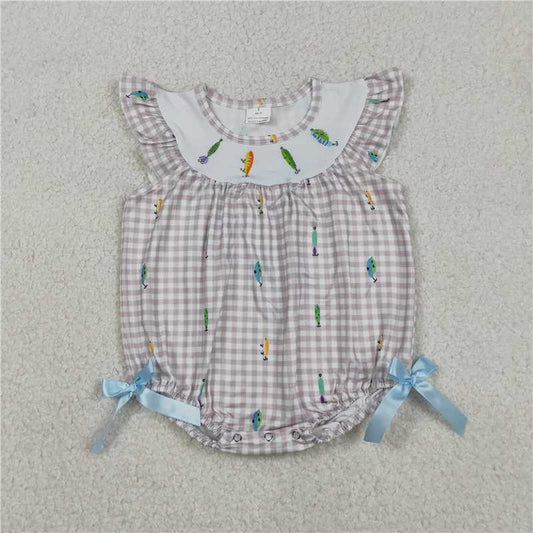 RTS SR3395 Baby Girls Embroidery Fishing Rompers with Flutter Sleeves Checked Hunting Design for Little Girls