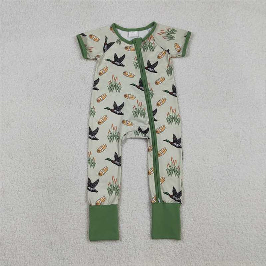 RTS SR3498 Baby Boys Romper Baby Boys Green Ducks Calls Hunting Two Way Zip Convertible Rompers