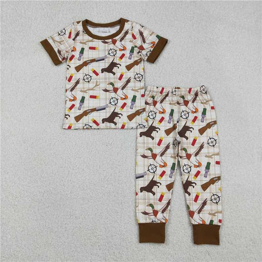 RTS BSPO0634 Kids Summer Top With Long Pants Baby Boys Khaki Checked Dogs Ducks Top Pants Hunting Pajamas Sets