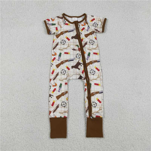 RTS SR3497 Baby Boys Romper Baby Boys Khaki Checked Dogs Ducks Hunting Two Way Zip Convertible Rompers