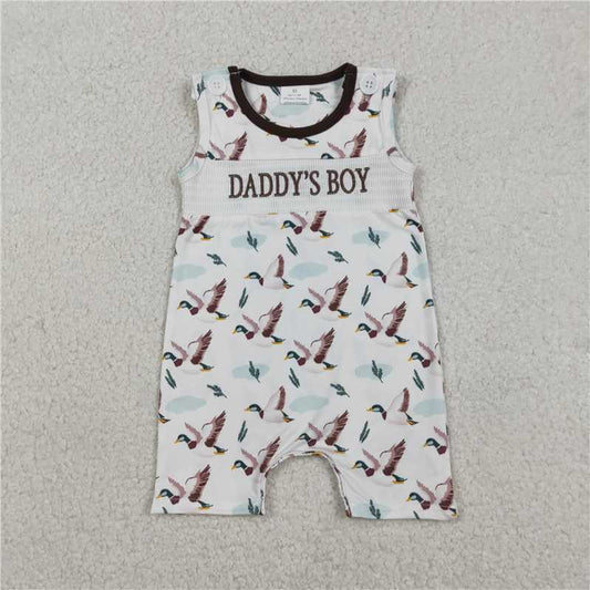 RTS SR3347 Baby Boys Romper Smocked Daddy's Boy Baby Sleeveless Ducks Hunting Short Rompers