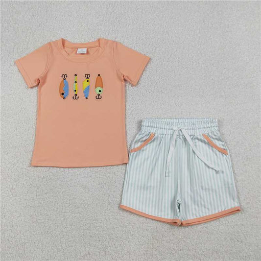 RTS BSSO1606 Baby Boys Summer Clothes Embroidery Fishing Baby Boys Shirts Stripe Pockets Shorts Hunting Clothes Sets
