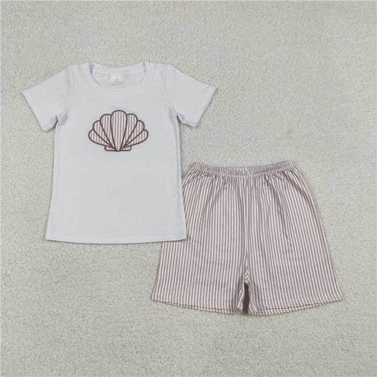 RTS BSSO1618 Baby Boys Summer Clothes Embroidery Shells Baby Boys Shirt Top Stripe Shorts Clothes Sets
