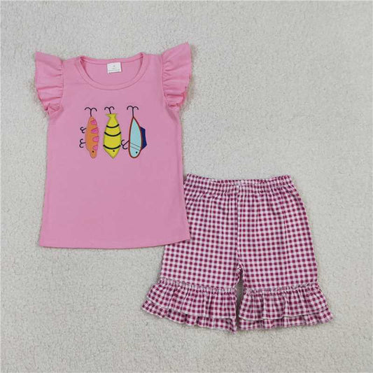 RTS GSSO2795  Baby Girls Embroidery Fishing Shirt with Checked Ruffle Shorts - Hunting Themed Outfit Set for Little Ones
