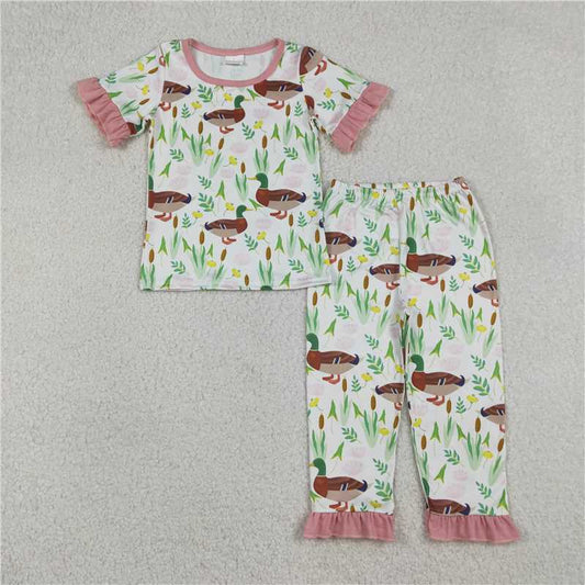 RTS GSPO1252 Baby Girls Duck Floral Top And Ruffle Pants Pajamas Set Cute Hunting Theme Sleepwear for Little Ones