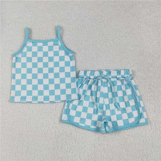Sibling 4 Colors Baby Girls Strap Plaid Top Short Sports Sets 6.14