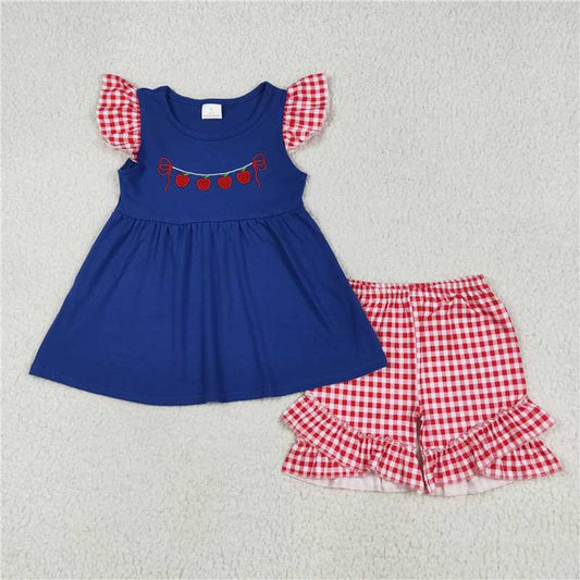 RTS GSSO2314  Baby Girls Embroidered Apple Back-to-School Tunic Top with Ruffle Shorts Outfit Set for Little Ones