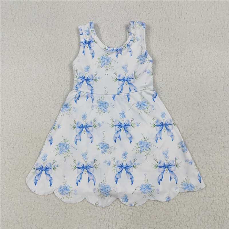 RTS GSD2587 Baby Girls Blue Bows Floral Yoga Skort Activity Wear Short Knee Length Dresses Casual Outfit for Toddlers