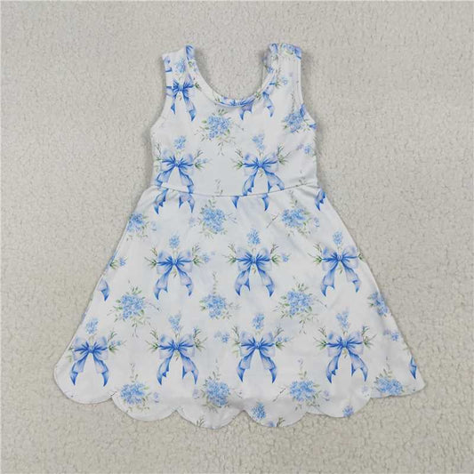 RTS GSD2587 Baby Girls Blue Bows Floral Yoga Skort Activity Wear Short Knee Length Dresses Casual Outfit for Toddlers