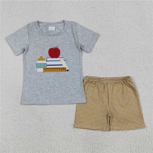 RTS BSSO1281 Baby Boys Summer Clothes Embroidery Baby Boys Apple Back To School Books Shirt Shorts Sets