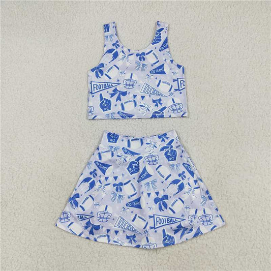 RTS GSD2688 Baby Girls Team Blue Football Bows Yoga Sets Vest Top Short Skirts Outfit for Little Girls
