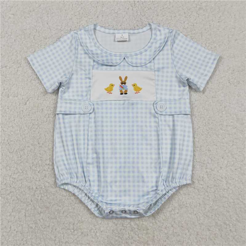 RTS SR3566 Baby Girls Blue Checked Rompers with Easter Collar Featuring Rabbits And Chicks Design for Spring
