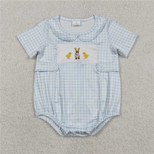 RTS SR3566 Baby Girls Blue Checked Rompers with Easter Collar Featuring Rabbits And Chicks Design for Spring