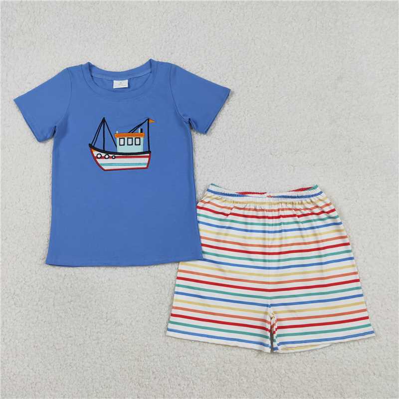 RTS BSSO1754 Baby Boys Summer Clothes Embroidery Boats Baby Boys Blue Shirt Top Stripe Shorts Clothes Set