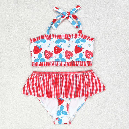 S0316 Strawberry red check lace bathing suit