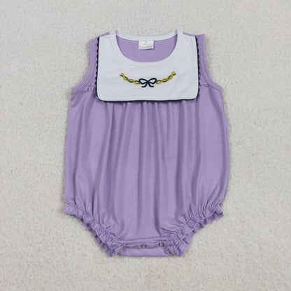 Sibling Baby Girls Mardigras Lavender Embroidery Bows Knee Length Dress Ruffle Rompers C11.8