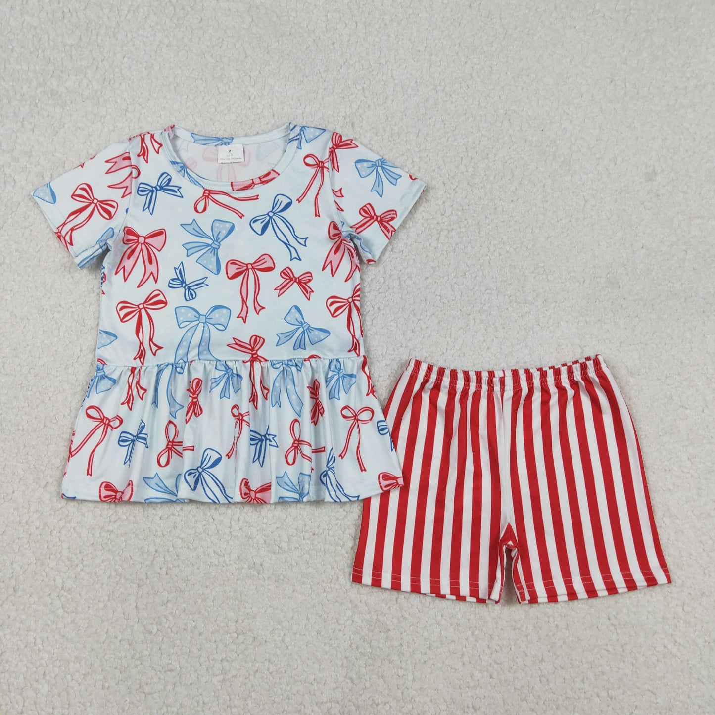 GSSO2838 Baby Girls Red Blue Bows Tunic Stripe Shorts July 4th Clothes Set C12.9