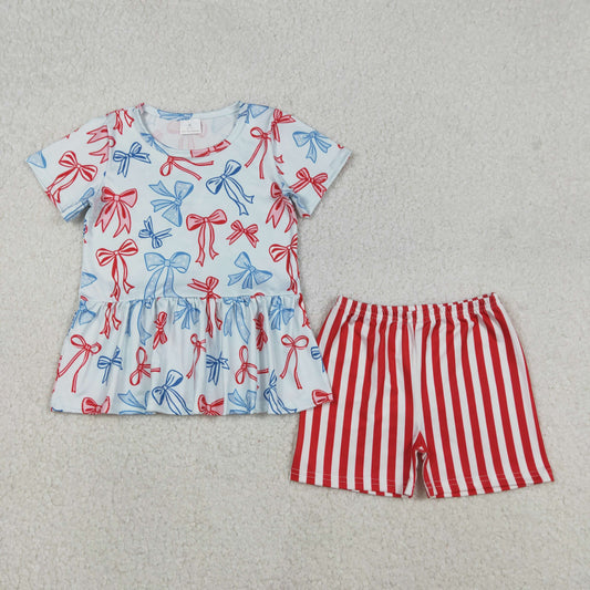 GSSO2838 Baby Girls Red Blue Bows Tunic Stripe Shorts July 4th Clothes Set C12.9