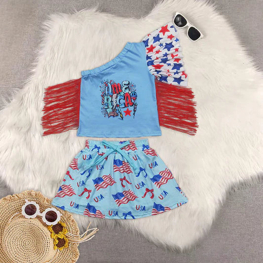 GT0942+GLK0050 Baby Girls 4th of July America Fringe Shirt Flag Bow Skorts Outfit 5.5