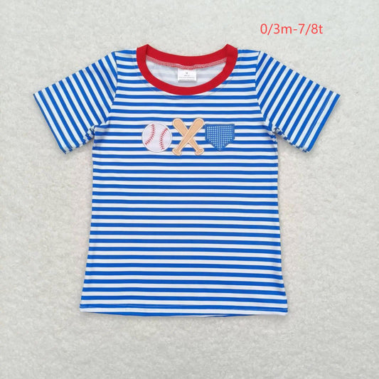 Sibling Baby Kids Blue Stripes Embroidery Baseball Short Sleeves Tee Shirts Top 5.9