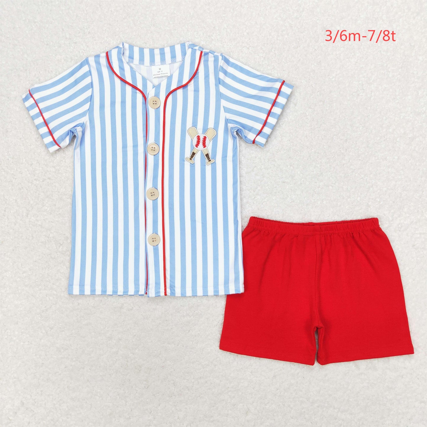 BSSO0800 Embroidered baseball blue striped short-sleeved red shorts suit