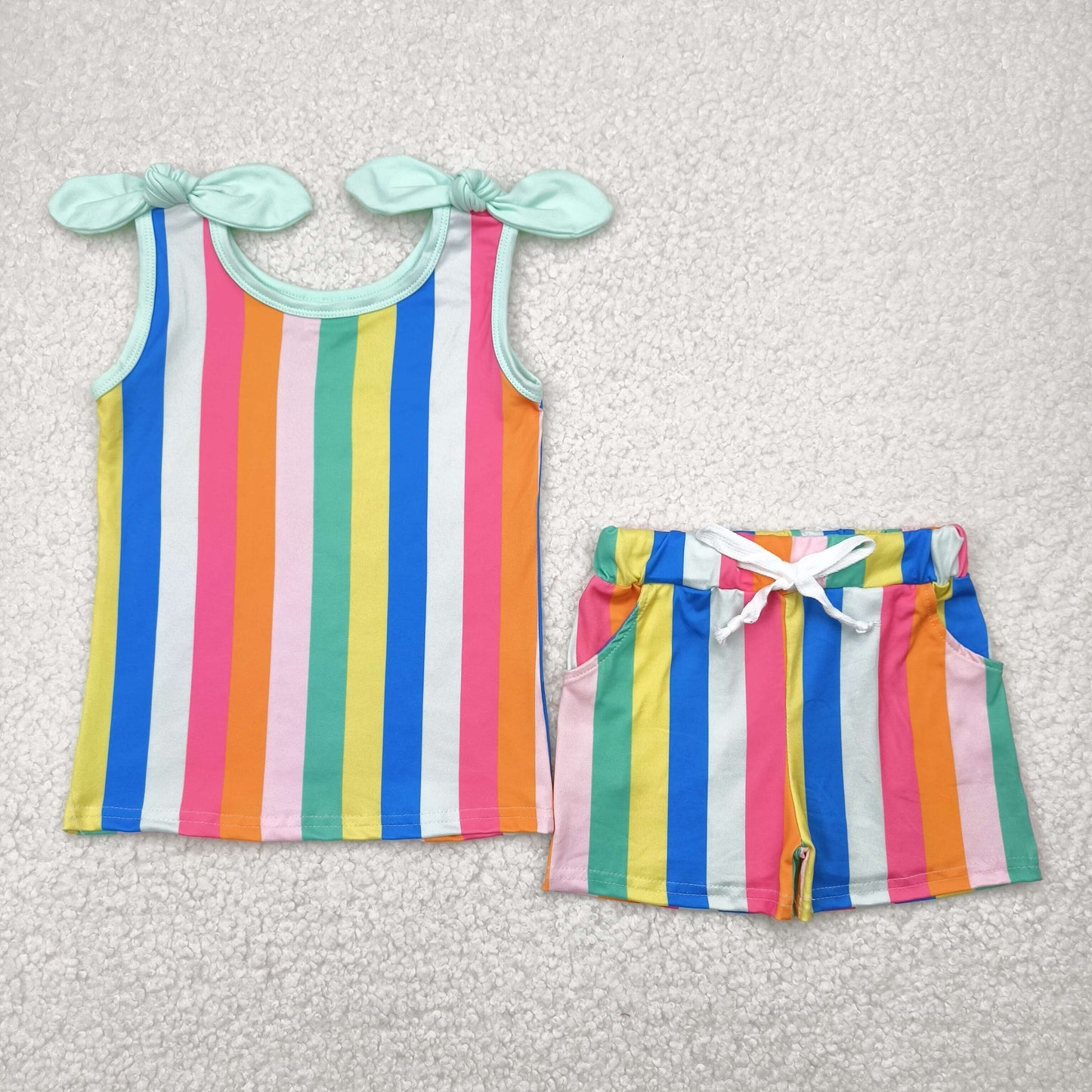 GSSO2540 Baby Girls Sleeveless Colorful Stripe Top Pockets Short Set  4.30