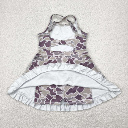 GSD2312 Baby Girls Strap Purple Camo Yoga Ruffle Knee Length Dress 4.30