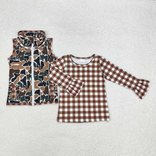 GT0738+BT0856 Baby Girls Brown Checkered Camo Hunting Zip Tops Vest