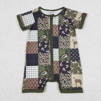 SR0902 Duck camouflage deer check army green zip-up short-sleeved onesie