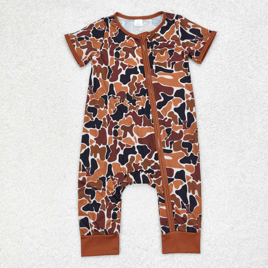 SR1895 Bamboo brown camouflage beige zip-up short-sleeved onesie