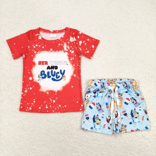 BSSO0516 Cartoon dog red short-sleeved Popsicle blue shorts suit