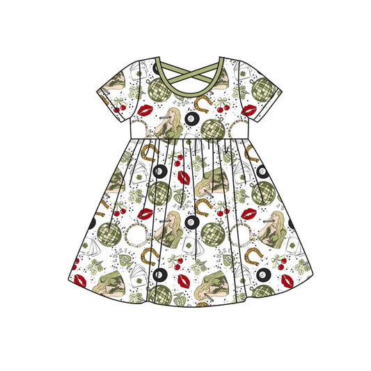 C11.21 Custom Moq 8 Baby Girls Short Sleeve Green Clovers Singers St Patrick Knee Length Dresses