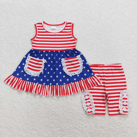 GSSO0855 July 4th Star Red and White striped pocket lace Blue sleeveless shorts set