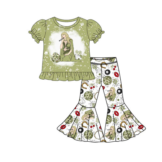 C11.21 Custom Moq 8 Baby Girls Green Clovers Singer Top Bell Bottom Pants St Patrick Clothes Sets