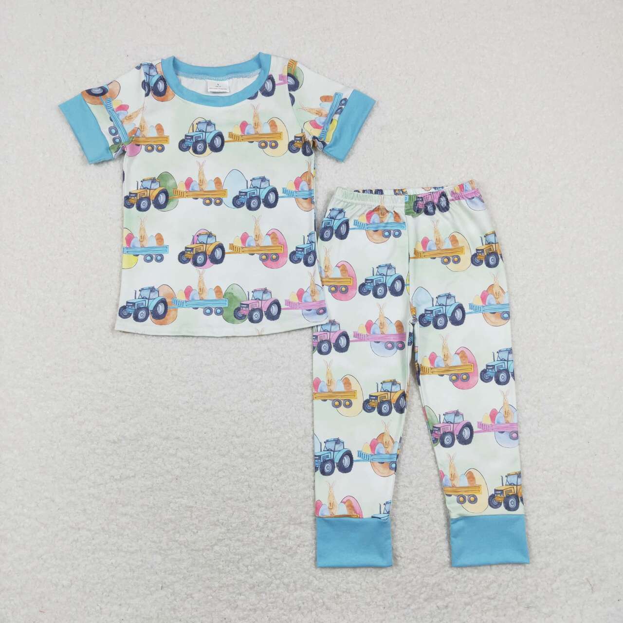 BSPO0300 Easter Egg Rabbit Tractor Blue Green Short Sleeve Pants Suit