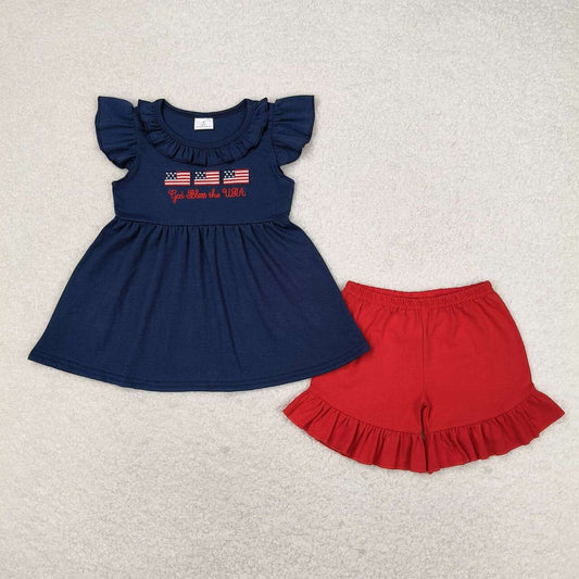 GSSO0805 4th of July Embroidered flag navy blue lace flying sleeve red shorts set