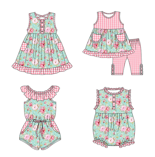 SR1302Baby Girls Blue Pink Checkered Flowers Pockets Shorts Jumpsuits Preorder