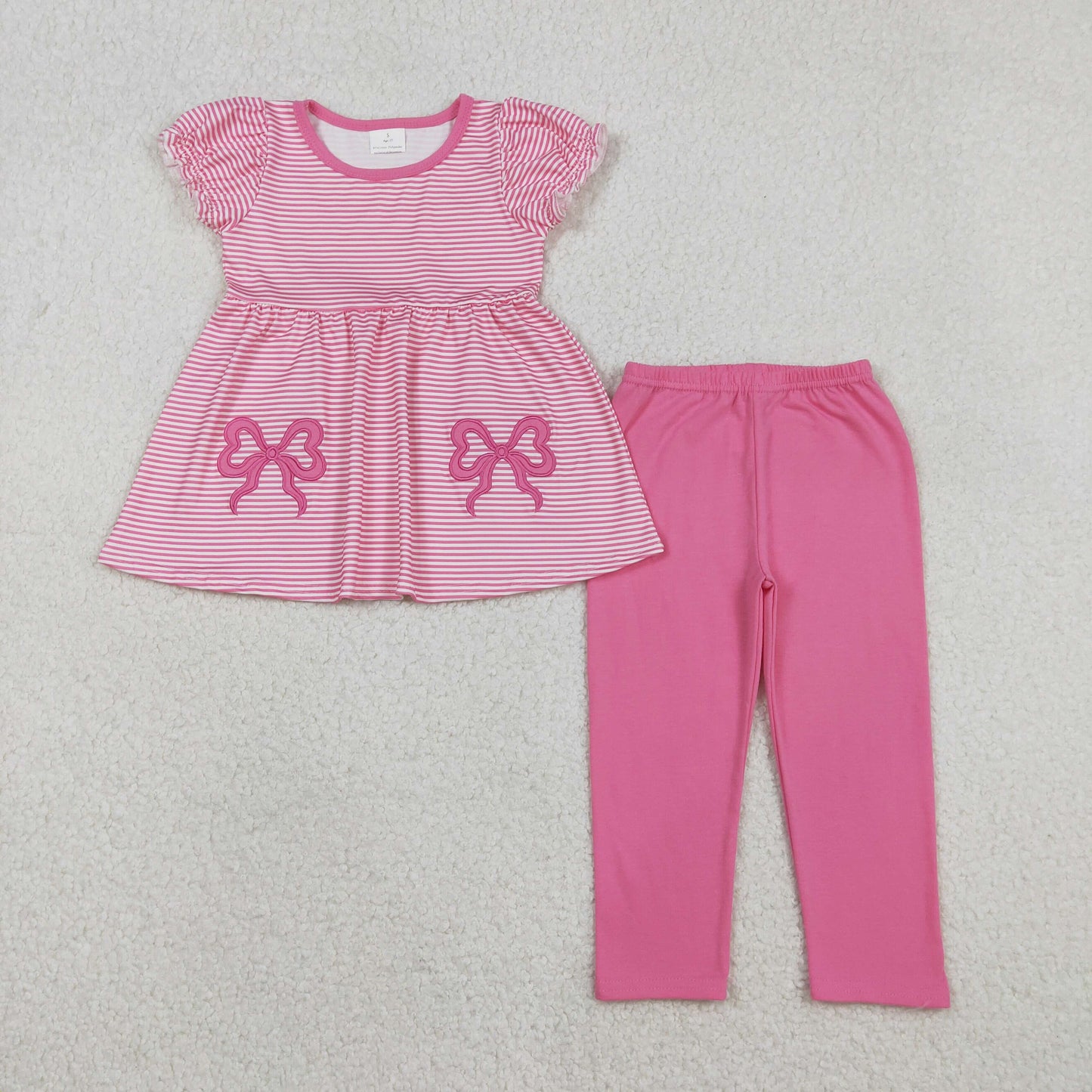 GSPO2150 Embroidery Bows Baby Girls Pink Stripe Tunic Leggings Pant Clothes Set C11.29