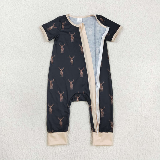 SR1896 Bamboo deer brown black zip-up short-sleeved onesie