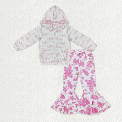 Sibling Baby Girls Pink Bows Zip Pocket Hoodies Jacket Denim Bell Bottom Pants Clothes Sets C11.25