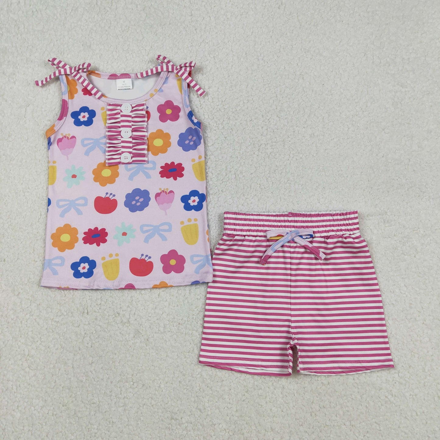 GSSO2830 Baby Girls Colorful Flowers Button Top Stripe Shorts Clothes Set C12.4