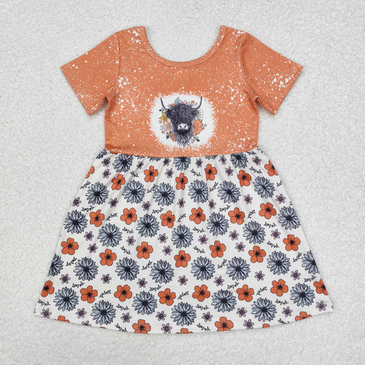 GSD1253 Baby Girls Highland Cow Flowers Short Sleeve Knee Length Dress