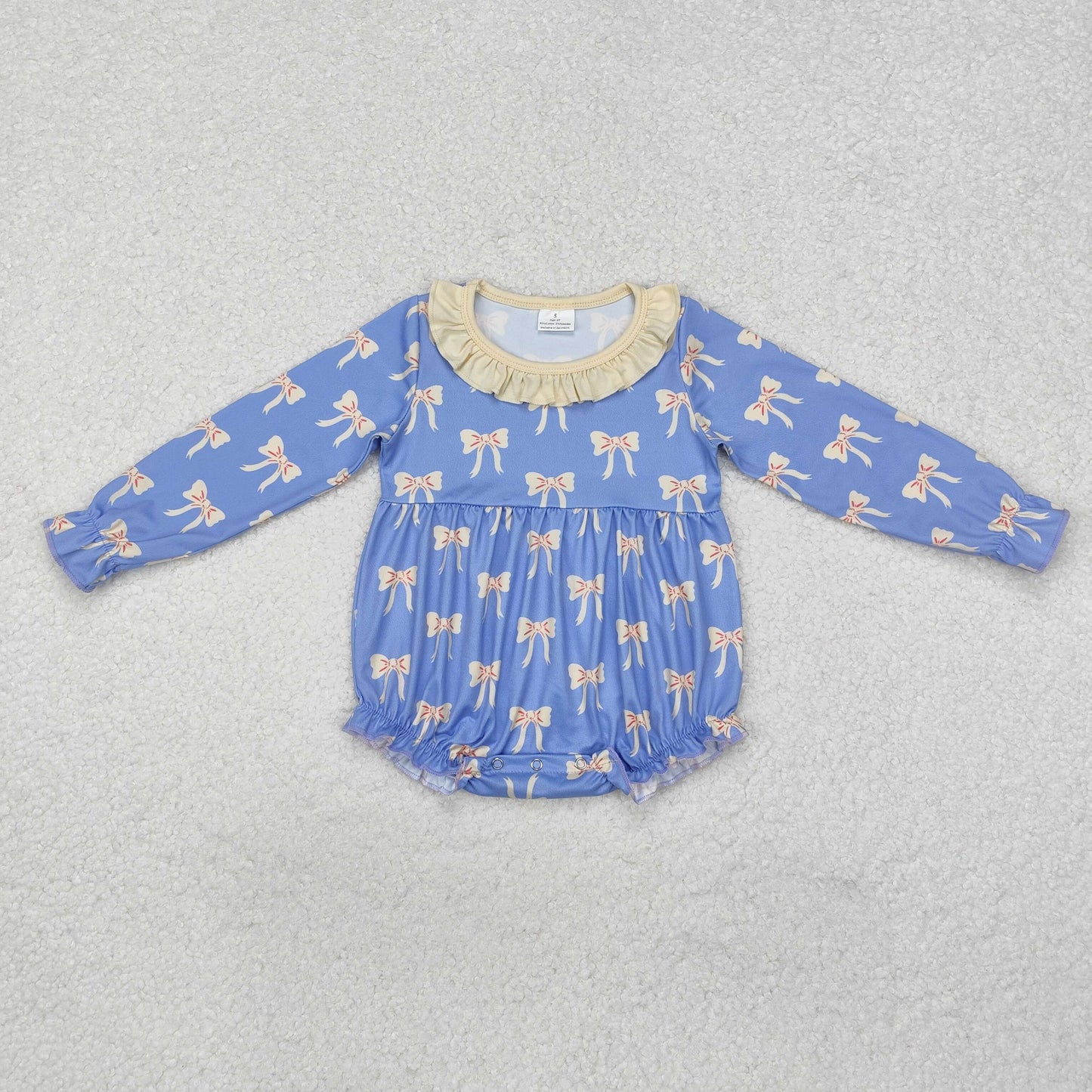 LR1941 Baby Infant Girls Blue Bows Ruffle Long Sleeve Romper