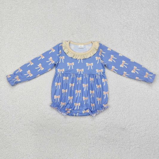 LR1941 Baby Infant Girls Blue Bows Ruffle Long Sleeve Romper