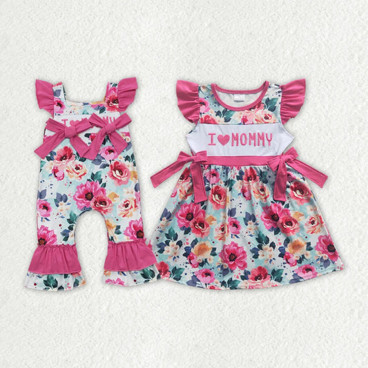 Sibling Baby Girls I Love Mom Pink Floral Rompers Dresses