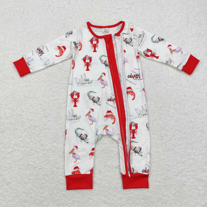 LR1399 Bamboo steamboat Crayfish crocodile red and white zip-up long-sleeved onesie
