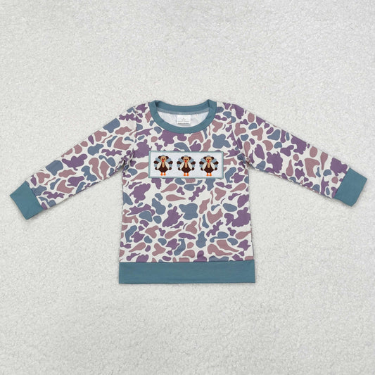 BT0863 Baby Boys Thanksgiving Camo Embroidery Turkey Long Sleeve Tee Shirts Tops