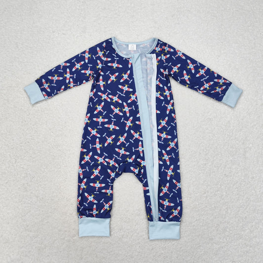 LR1024 Boys' Bamboo airplane navy zip-up long-sleeved onesie