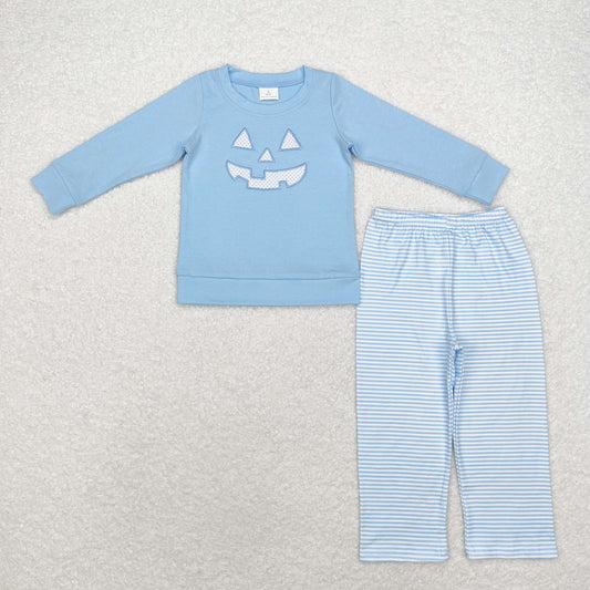 BT0832+P0626 Boys Embroidered Halloween Smile Blue long sleeve pants suit